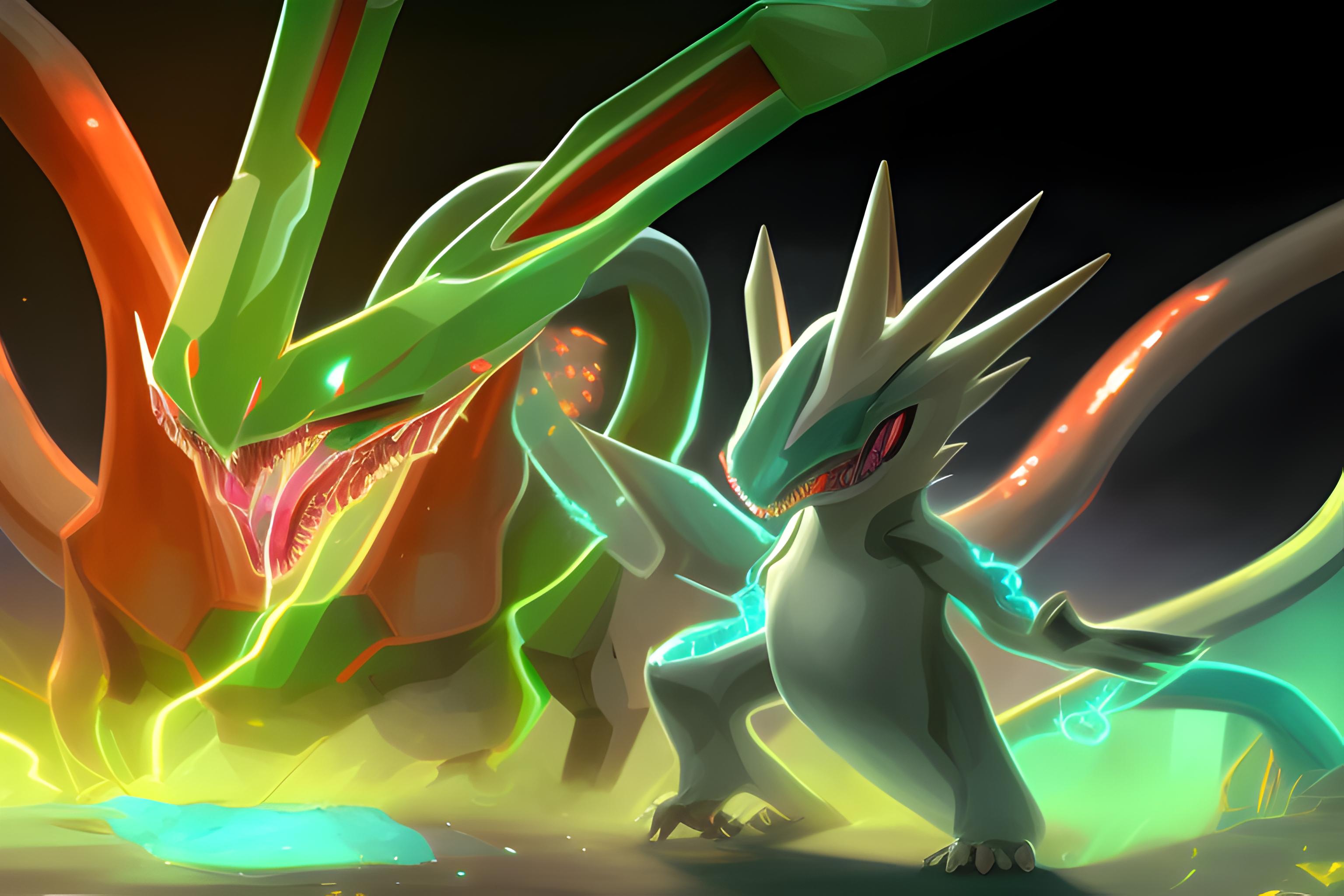 quiero que simules una batalla entre los dos pokemons rayquaza  y mewto, deben tener colores vivos …